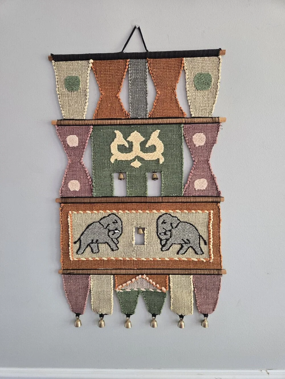 Elephants Woven Handmade Wall Hanging Tapestry with Brass Bells 31 in x 19 in